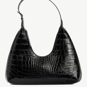BY FAR Amber Baby Black Crocodile-Embossed Leather Shoulder Bag